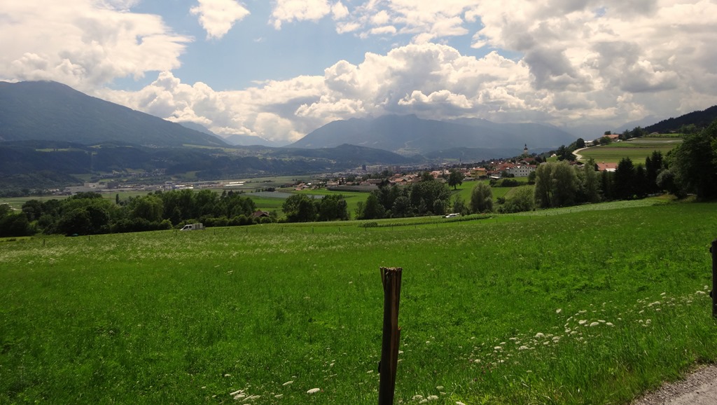 Looking Southwest across the Inn valley from Thaur in Tirol, towards Innsbruck and the Stubai alps 